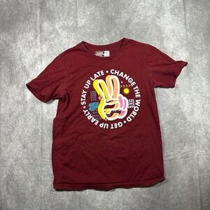 Dutch Bros Coffee Mens Large Maroon Graphic T-Shirt Stay Up Late Peace Sign Tee